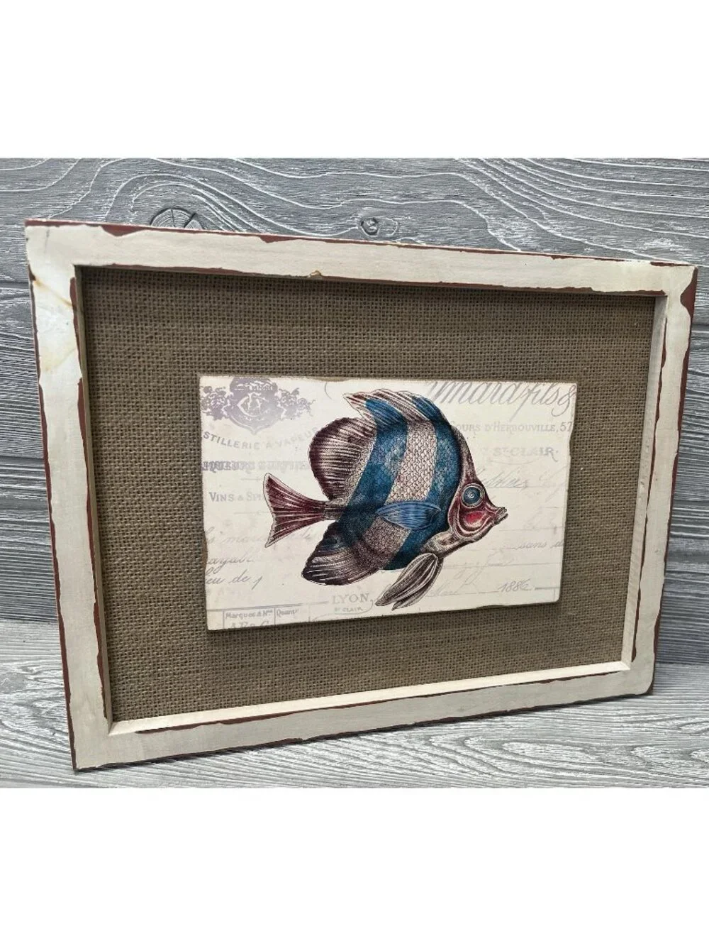 Tim Coffey Tropical Fish Art Framed Wall Picture 12” X 14” Burlap Wood Beach